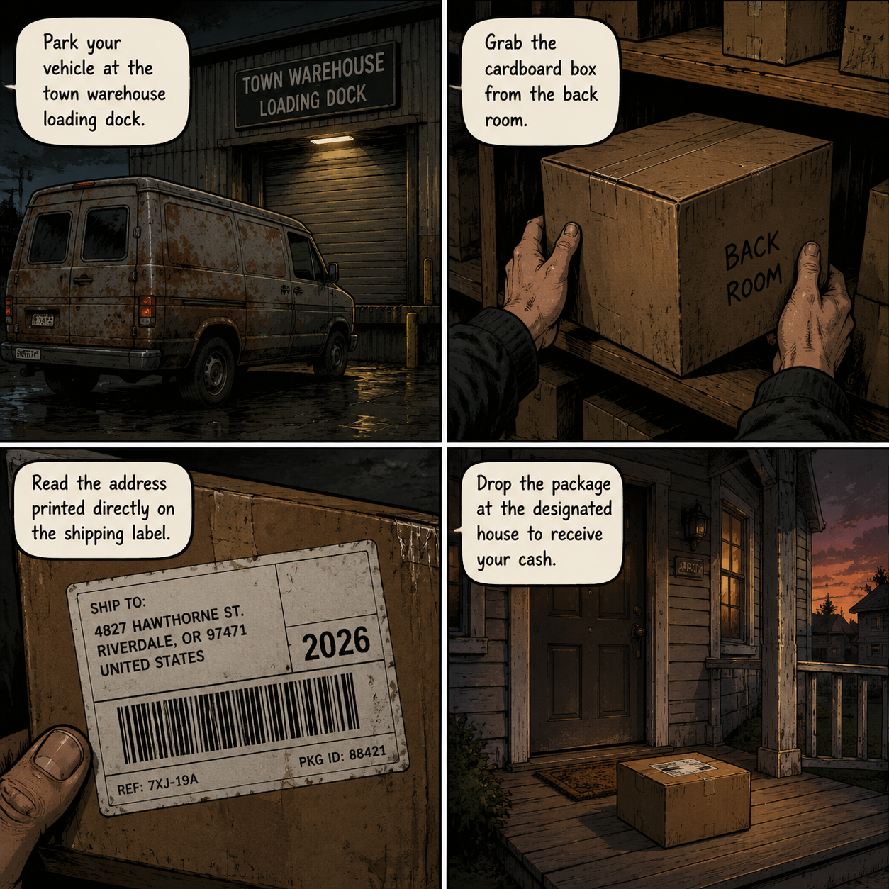 Comic Grid: Step-by-step process for completing a package delivery in My Garage.
