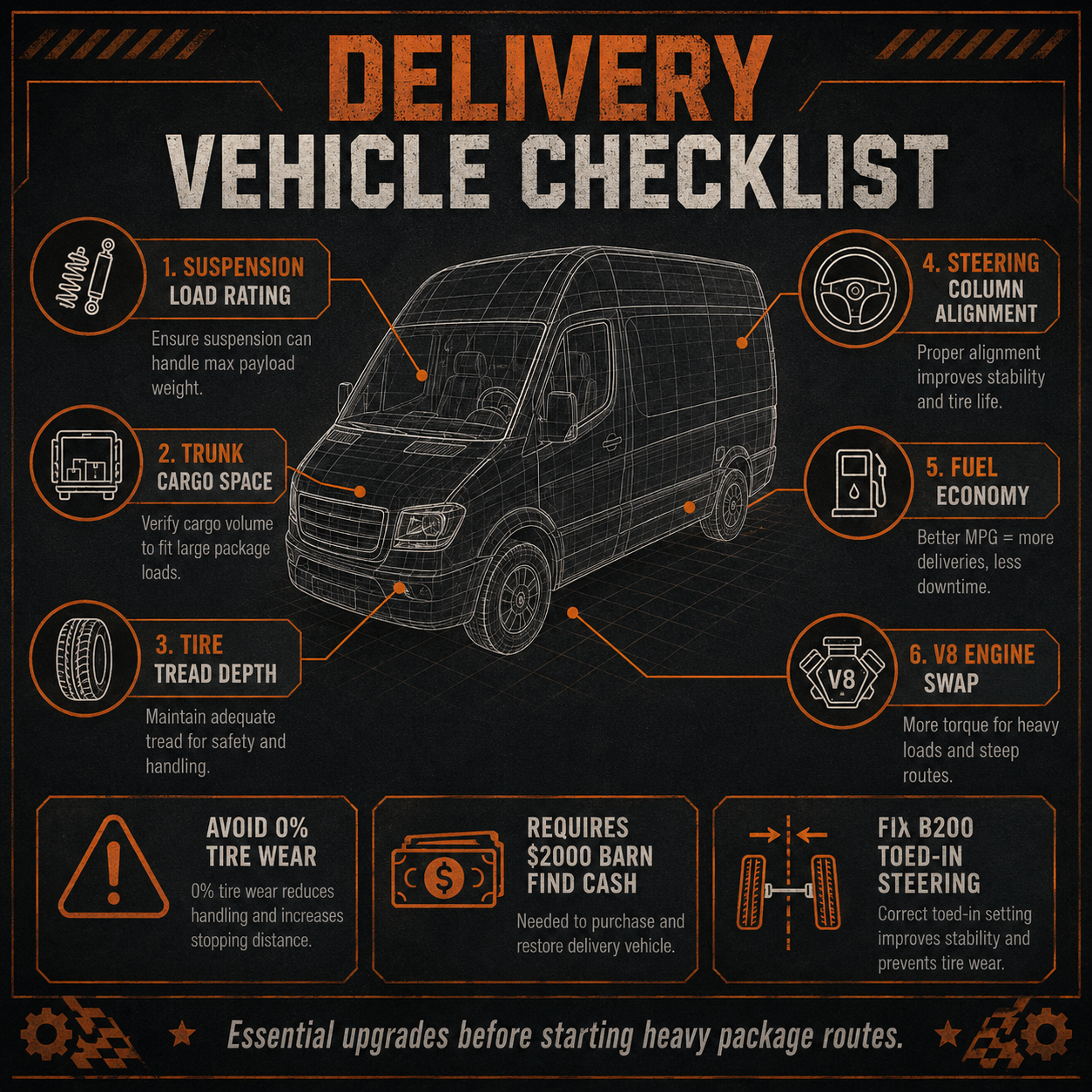 Infographic: Vehicle checklist and upgrades needed for heavy package routes.