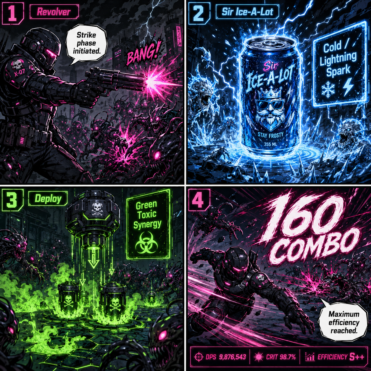 Comic Grid: Sodaman combat loop with Strike, Deploy, and Spark