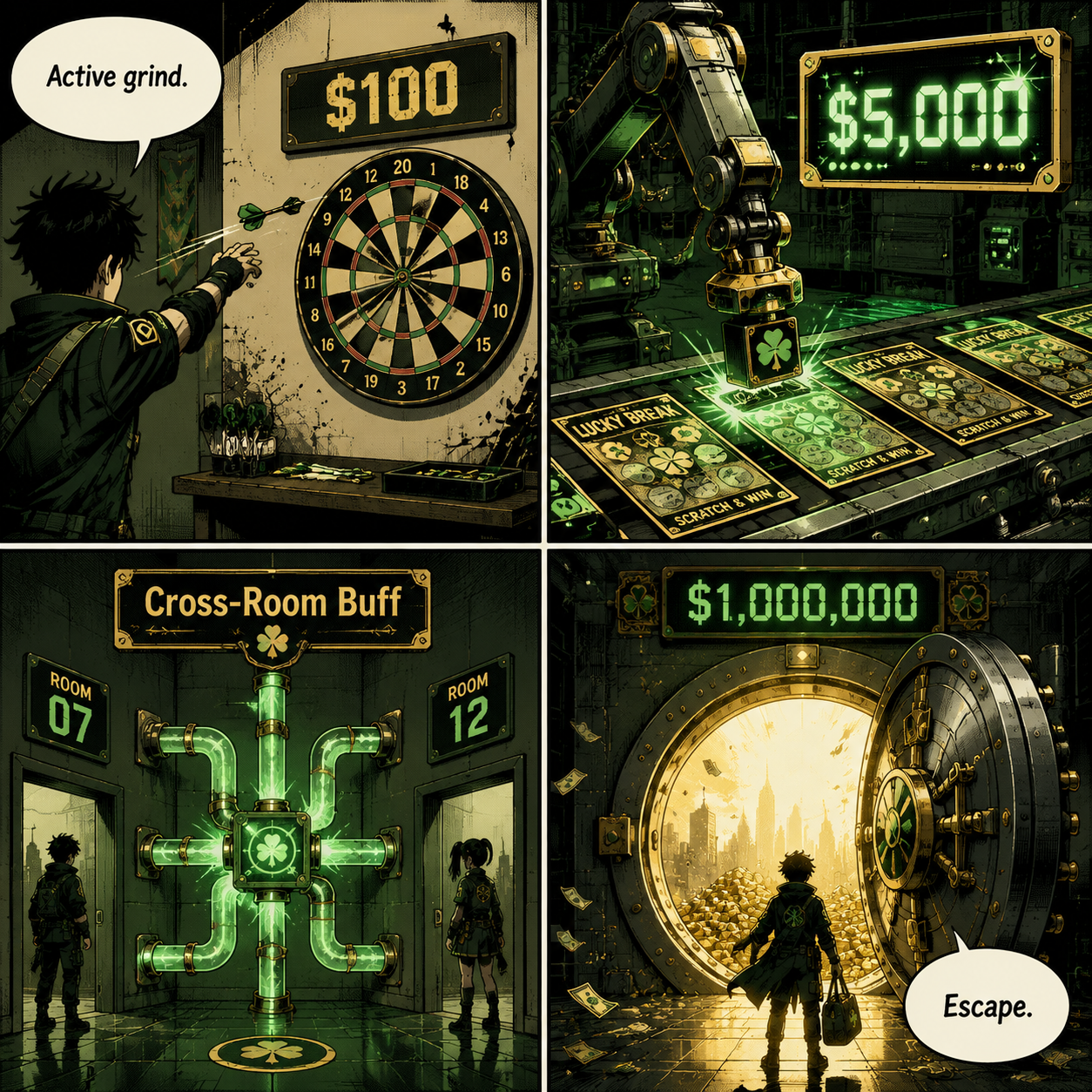 Comic Grid showing the step-by-step progression from active dart throwing to escaping
