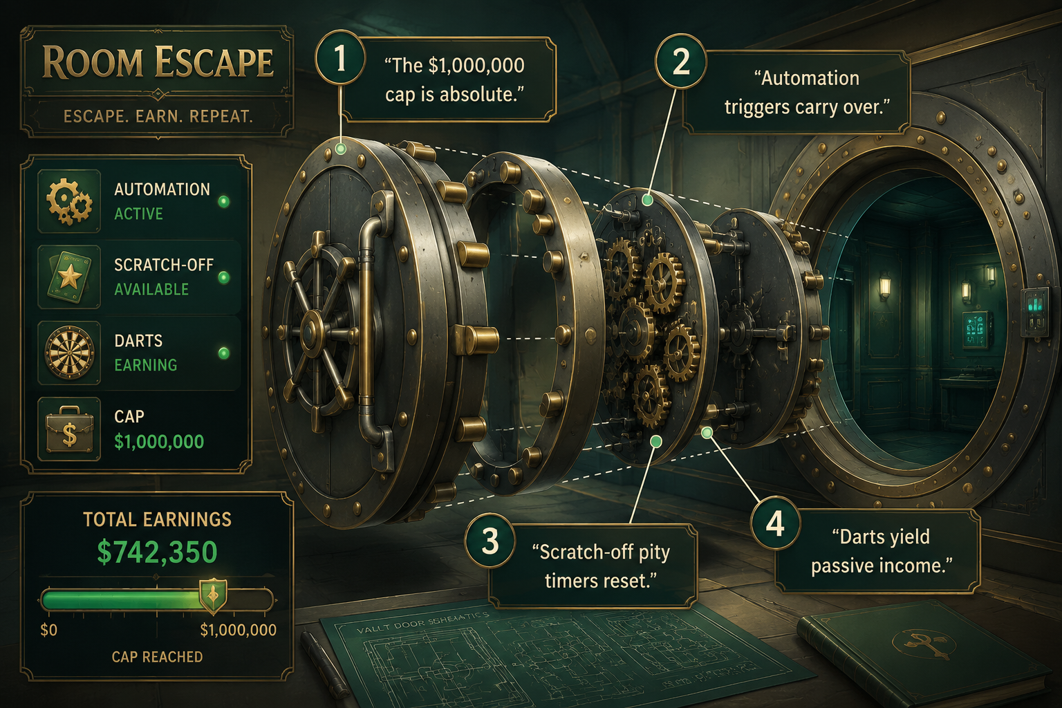 Annotated Diagram explaining the rules of the $1,000,000 room escape cap