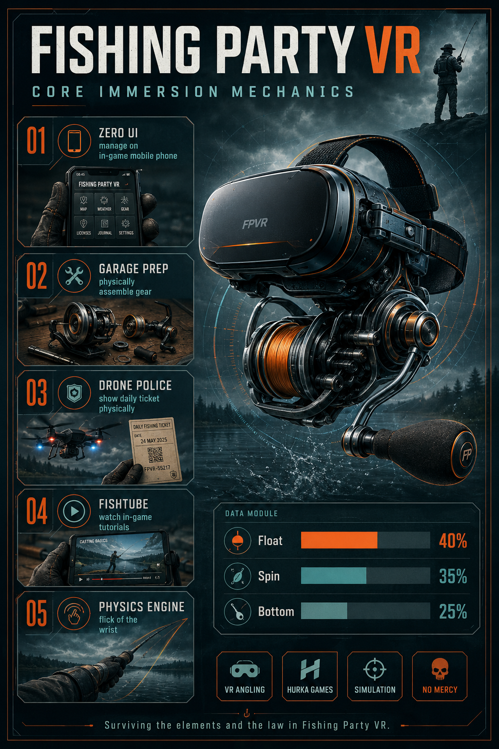 Analysis Report Poster: Breakdown of the zero UI and Drone Police mechanics in Fishing Party VR.