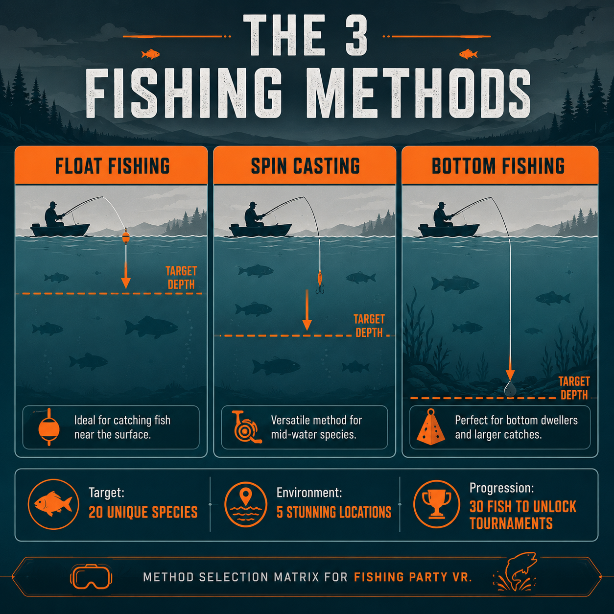 Infographic: The ultimate fishing methods guide Fishing Party VR method comparison matrix.