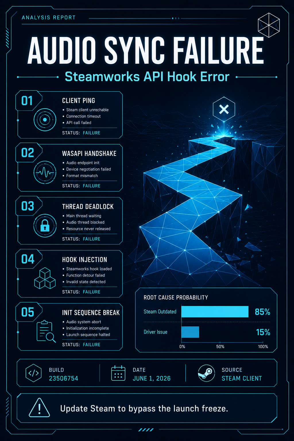 Analysis Report Poster: Technical breakdown of why players get stuck on headphones screen Dancing Line due to Steam client errors.
