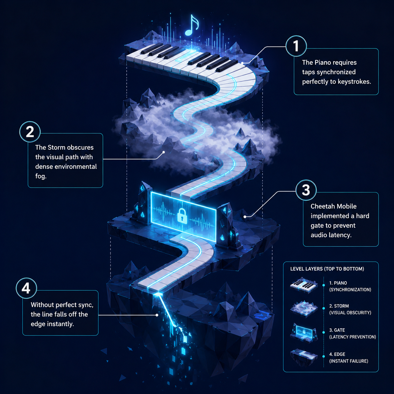 Annotated Diagram: How rhythm synchronization affects gameplay in Dancing Line levels.