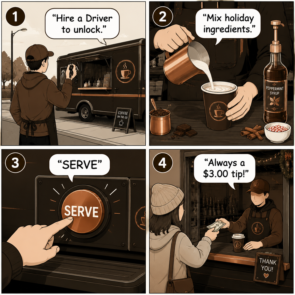 Comic Grid: The customer serving algorithm in the Food Truck.