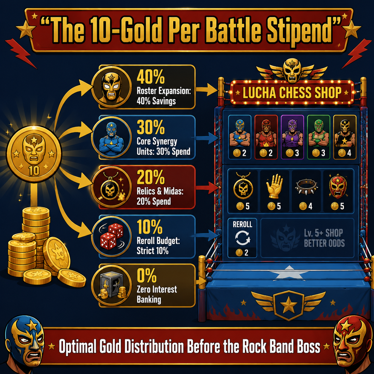 Infographic: gold economy guide Lucha Chess shop allocation and 10-gold drip breakdown