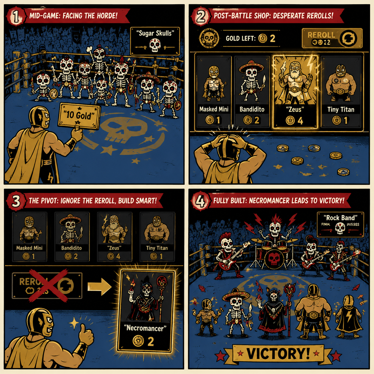 Comic Grid: Reroll decision tree showing when to save gold versus buying units
