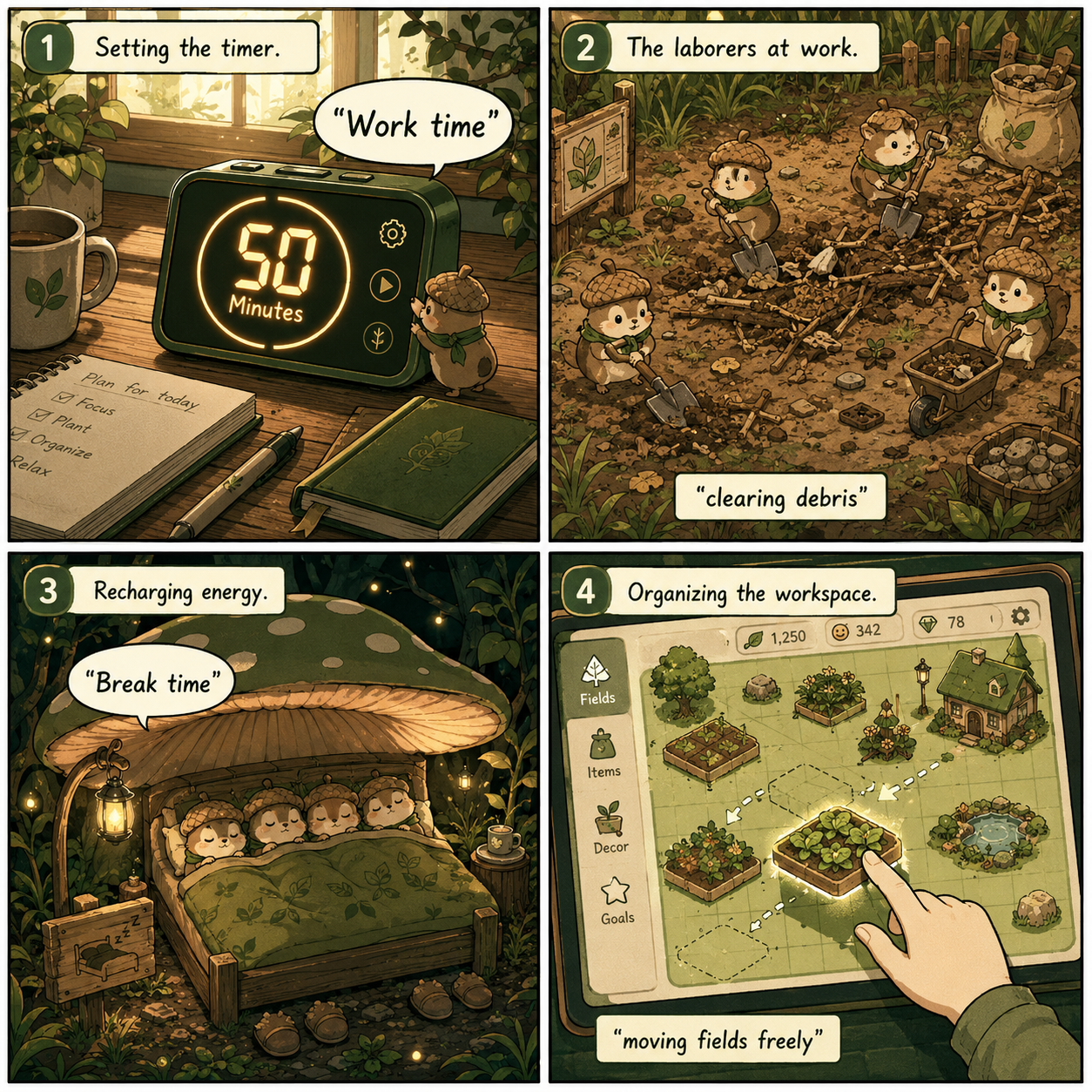 Comic Grid: The daily rhythm of Woodlings working and resting