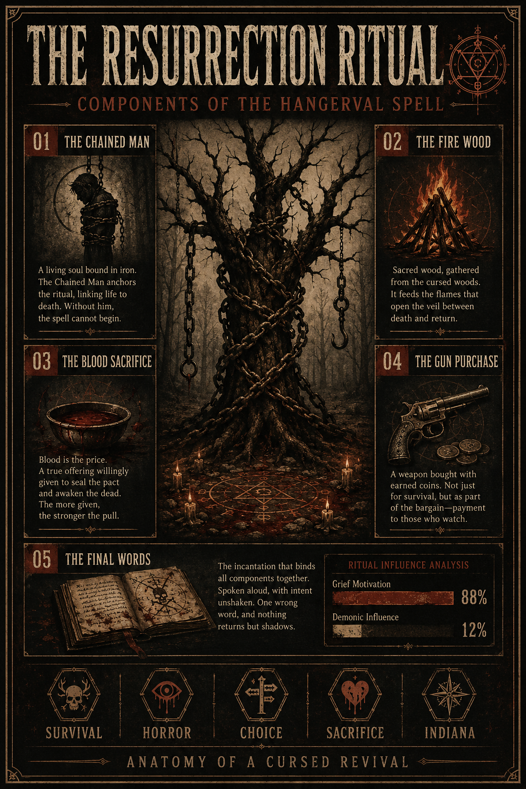 ANALYSIS REPORT POSTER: Breakdown of the resurrection spell and grief mechanics.