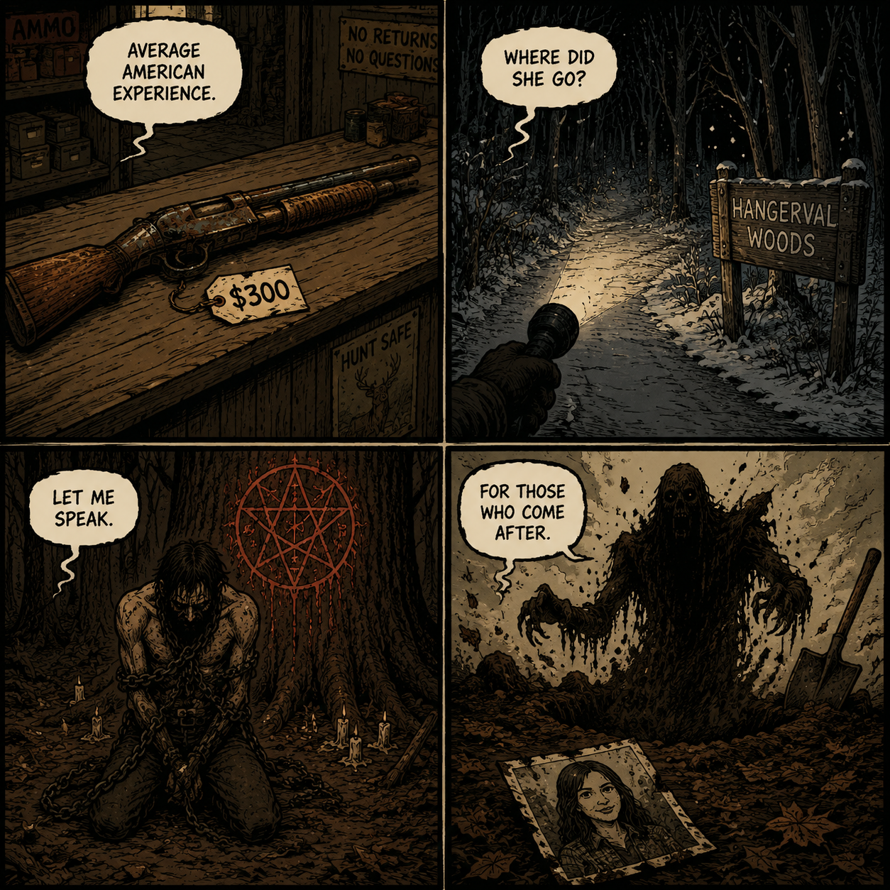 COMIC GRID: The sequence of buying the gun and entering the woods.