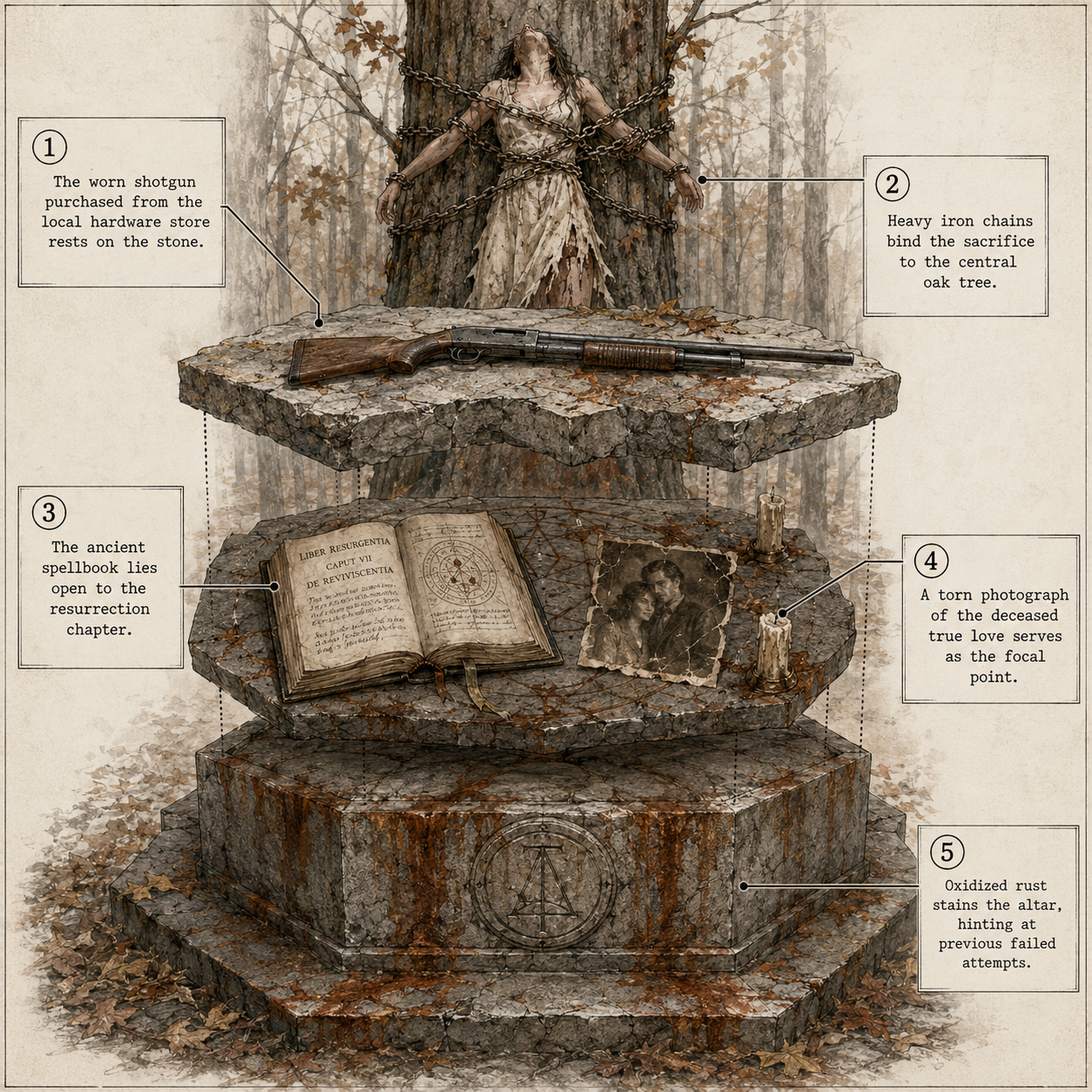 ANNOTATED DIAGRAM: The ritual altar and its environmental storytelling.