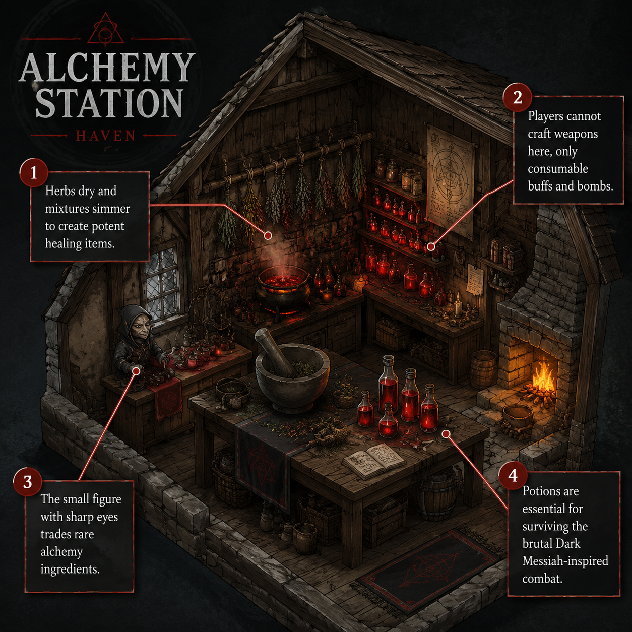 Annotated Diagram: The Alchemy Station mechanics in the Fatekeeper Haven hub.