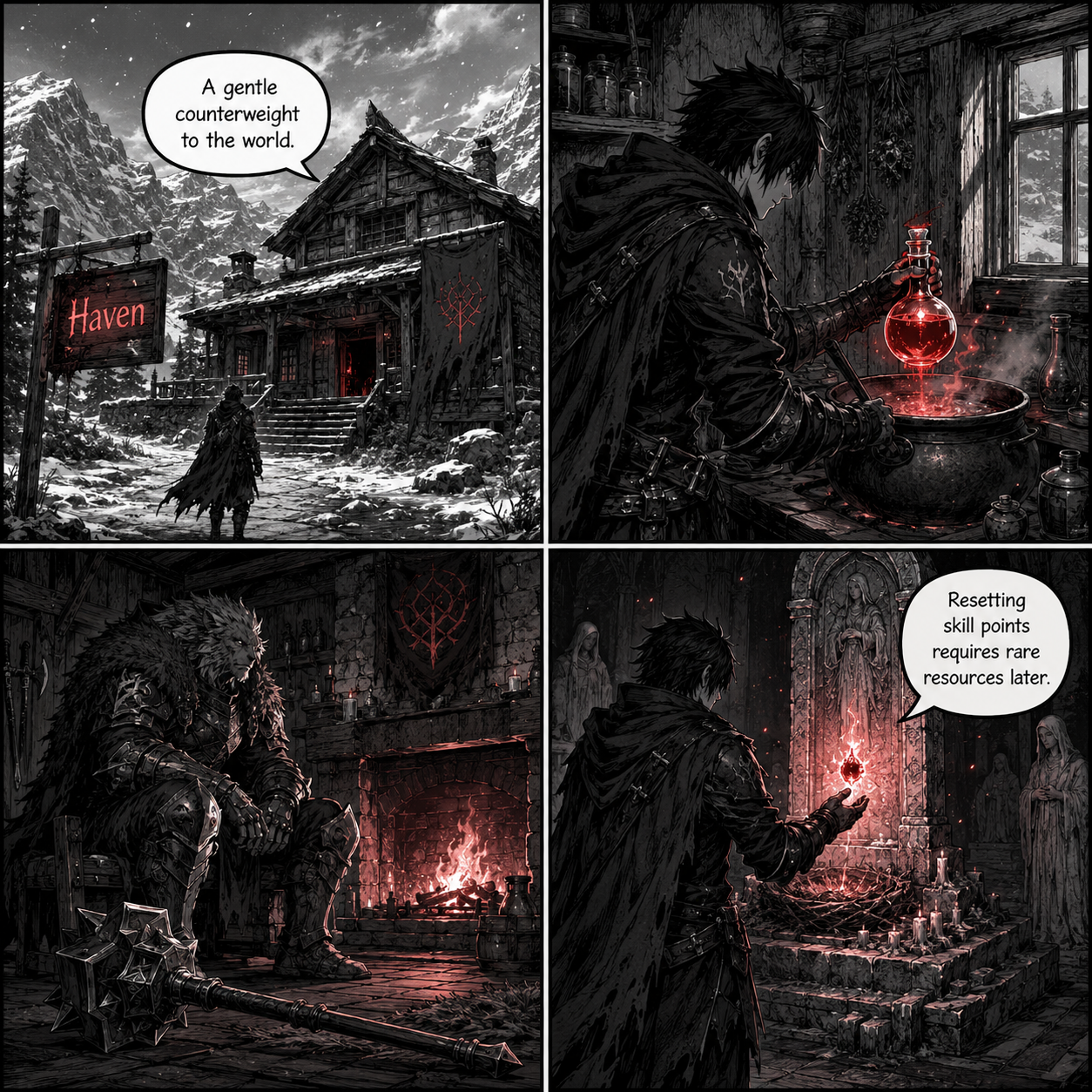 Comic Grid: Returning to the Haven safehouse and interacting with NPCs.