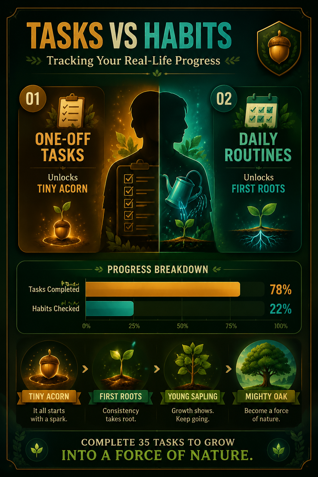 Analysis Report Poster: Comparing one-off tasks against daily routines and their specific achievement unlocks.