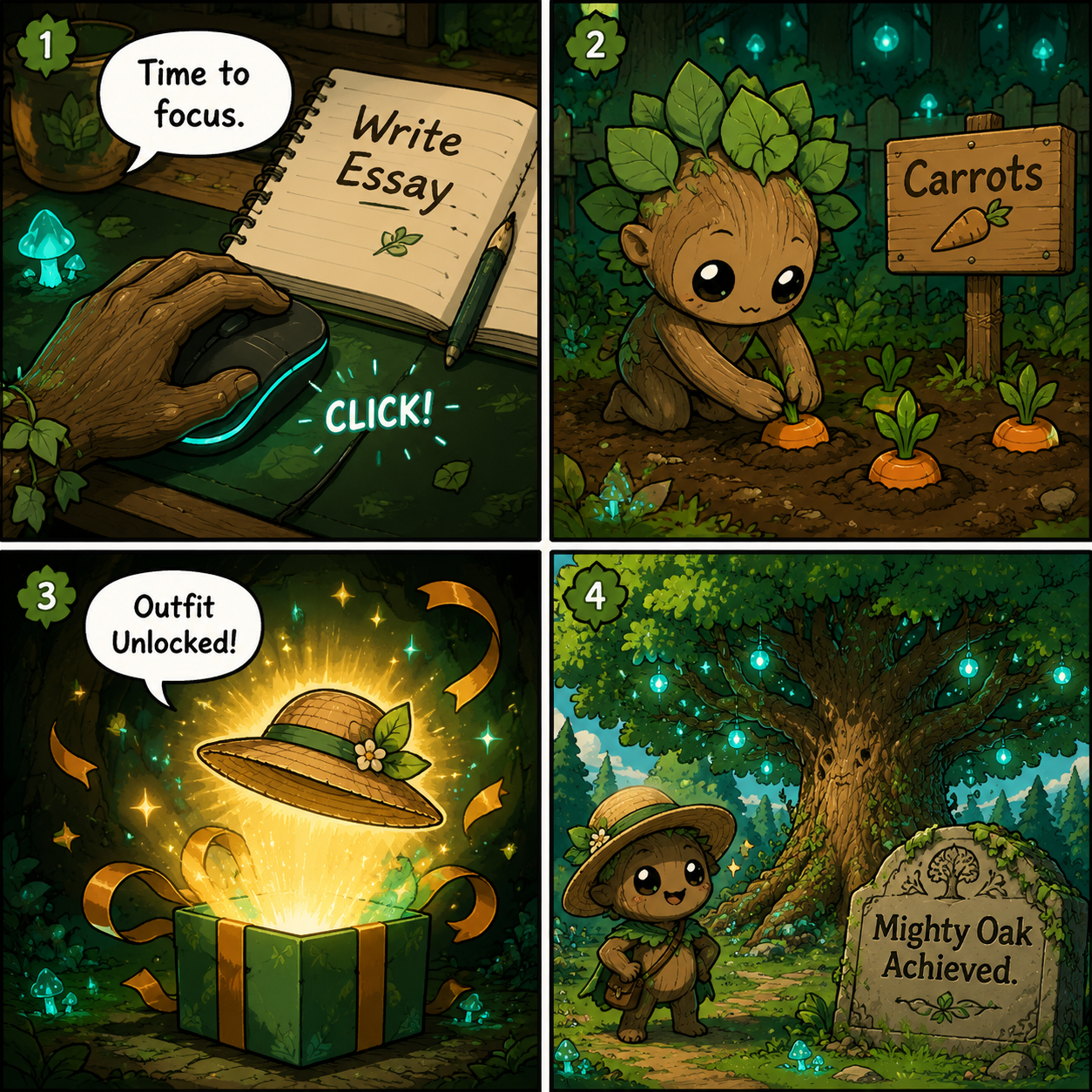 Comic Grid: A 4-panel sequence showing a player completing an essay task to unlock a Woodling outfit.