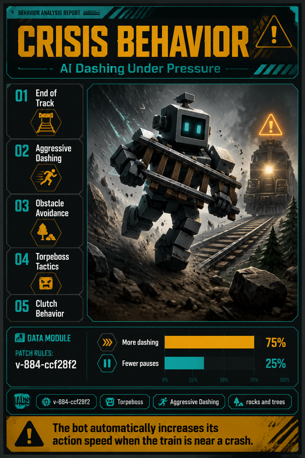 Analysis report poster detailing the aggressive dashing bot mechanics in Unrailed 2