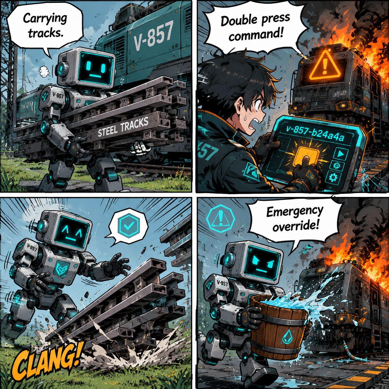 Comic grid showing the double-press command to force the bot to drop items