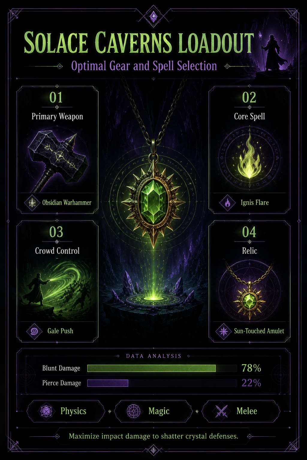 Analysis Report Poster: Solace Caverns gear and spell loadout