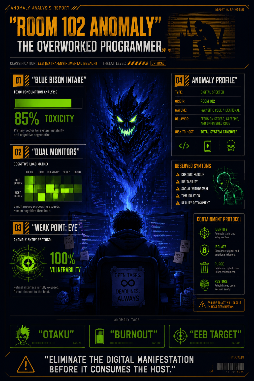 Analysis report poster detailing the Room 102 overworked programmer ghost.