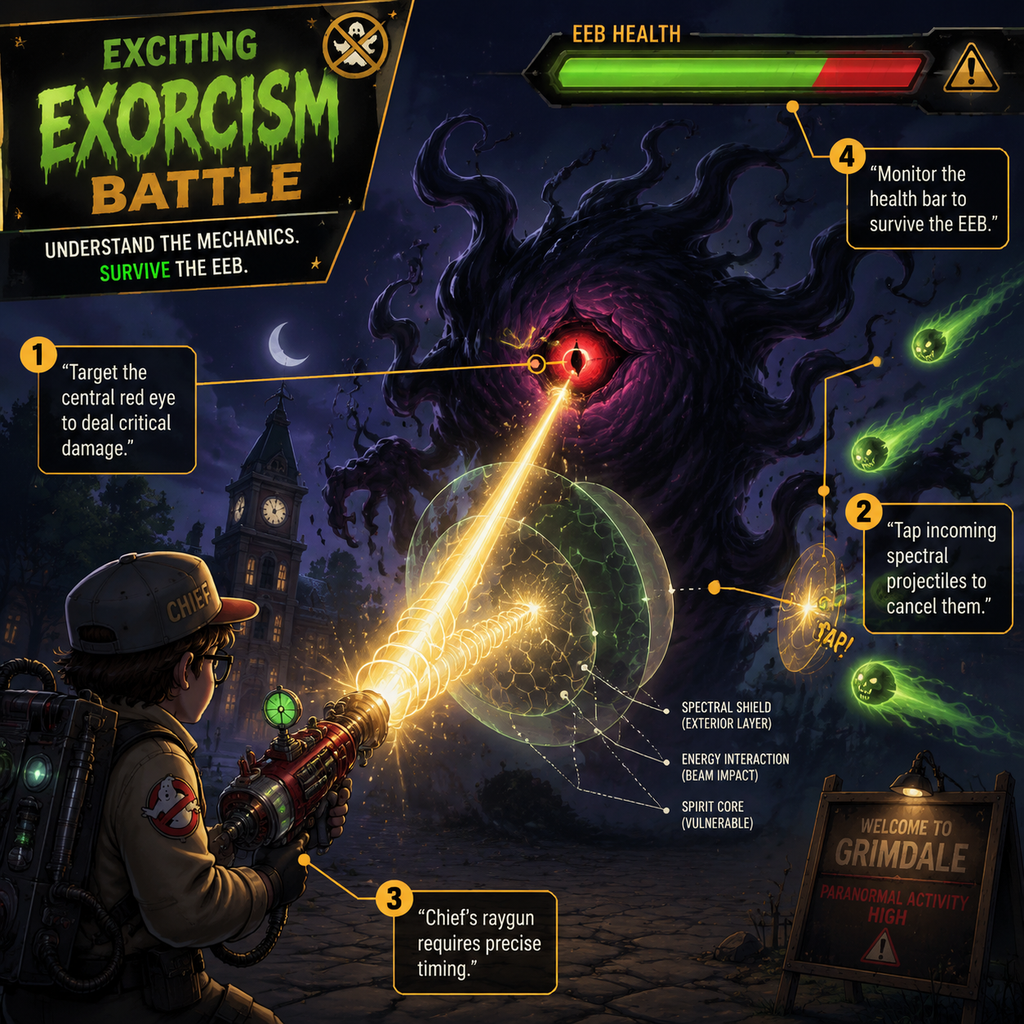 Annotated diagram explaining the Exciting Exorcism Battle mechanics in Mousebusters.
