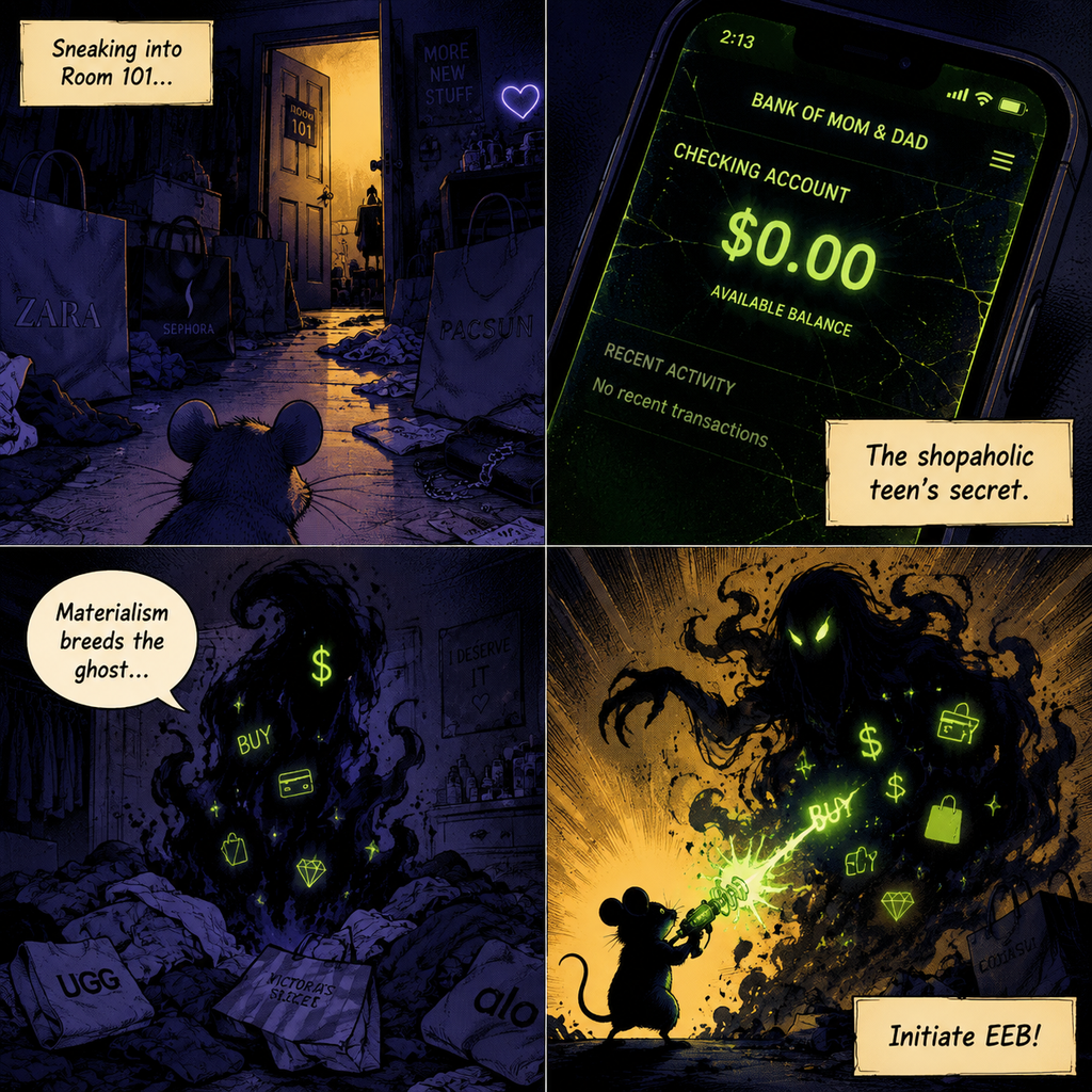 Comic grid showing the sequence of exposing the ghost in Room 101.
