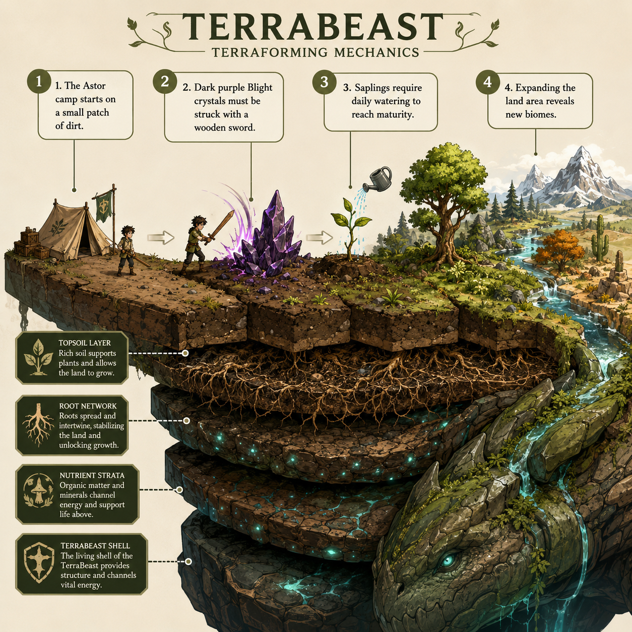 Annotated Diagram: TerraBeast cross-section showing blight crystals and saplings.