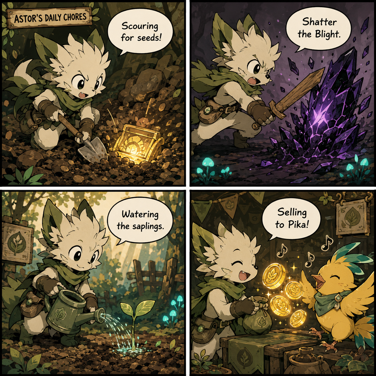 Comic Grid: Daily chores including watering saplings and selling to Pika.