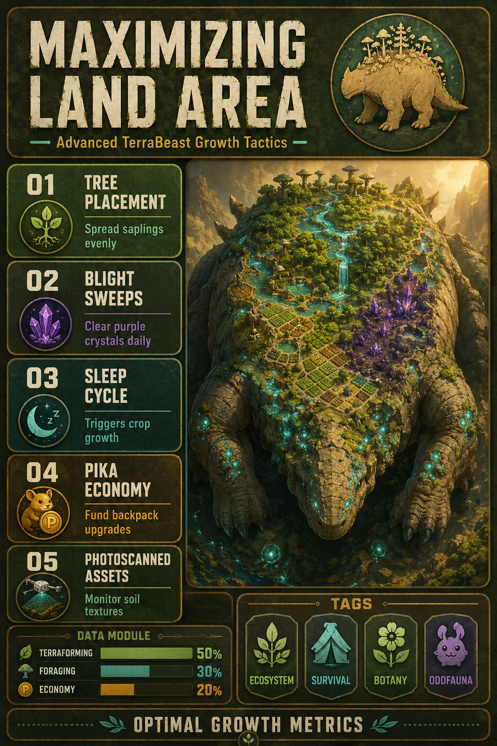 Analysis Report Poster: Maximizing land area and advanced growth tactics.