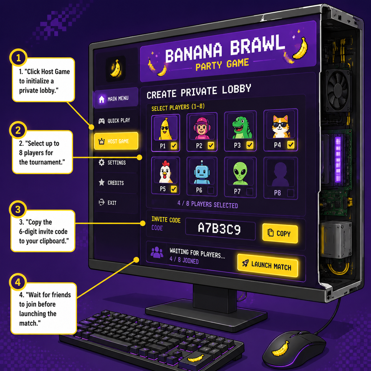 Annotated diagram showing the private room creation steps on the main menu.