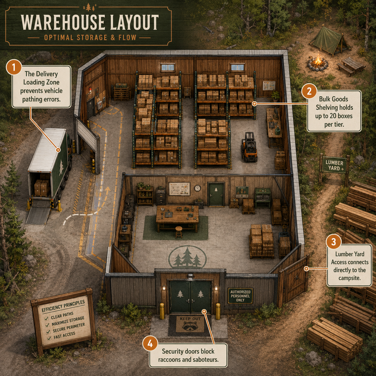 Annotated Diagram: Optimal Warehouse Layout for Campsite Hustle.