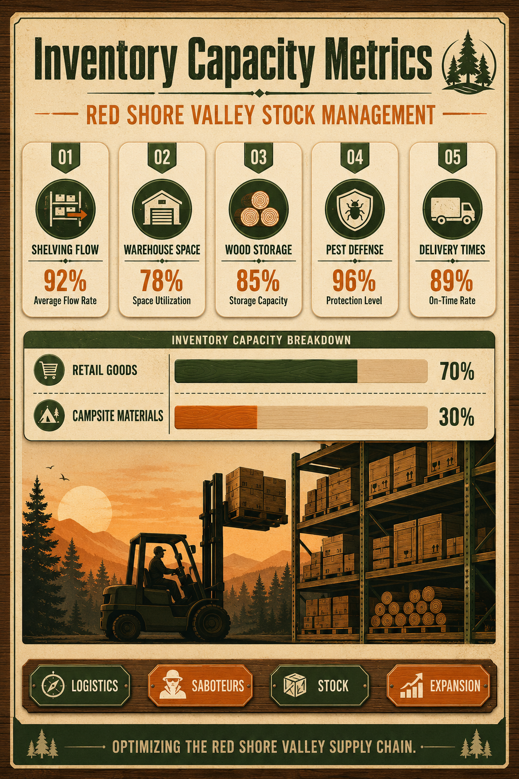 Analysis Report Poster: Inventory Capacity Metrics for Red Shore Valley.
