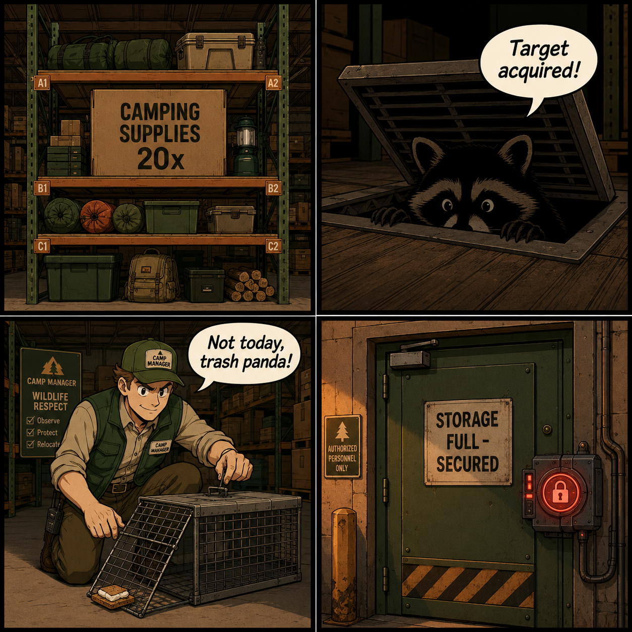 Comic Grid: Defending storage from raccoons and saboteurs.