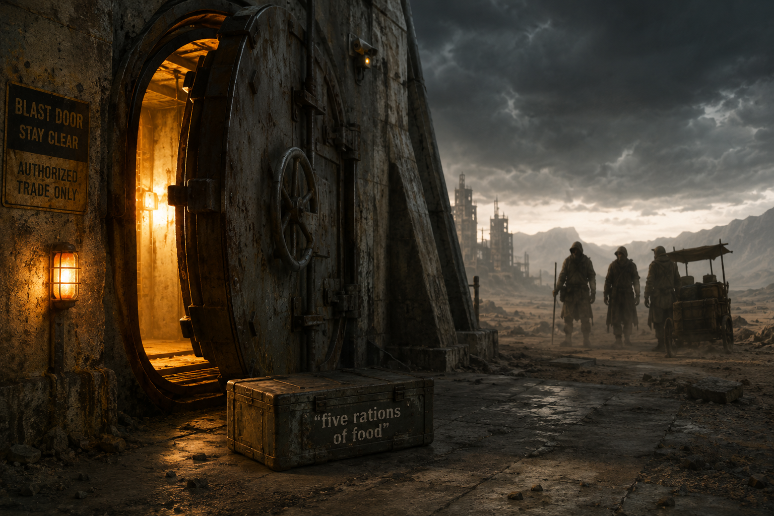 Scene: Trading with wandering merchants at the blast door.