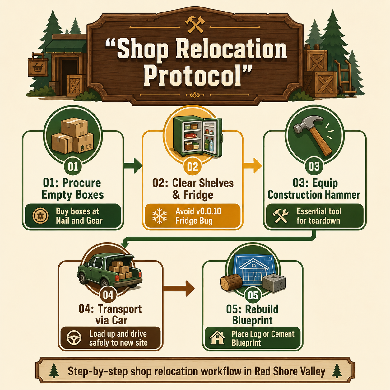 Infographic: A step-by-step workflow on how to move shop Campsite Hustle safely in Red Shore Valley.