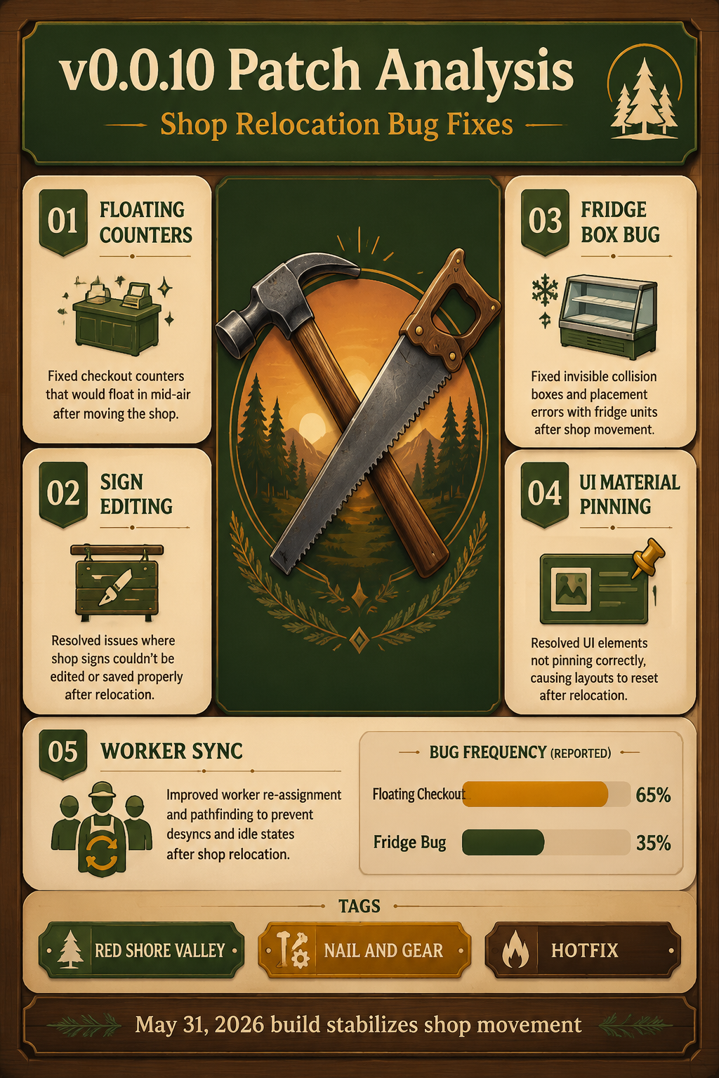 Analysis Report Poster: Breakdown of the v0.0.10 patch fixes for Campsite Hustle.