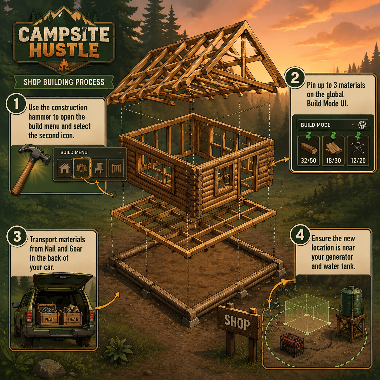 Annotated Diagram: The construction and material pinning mechanics in Campsite Hustle.