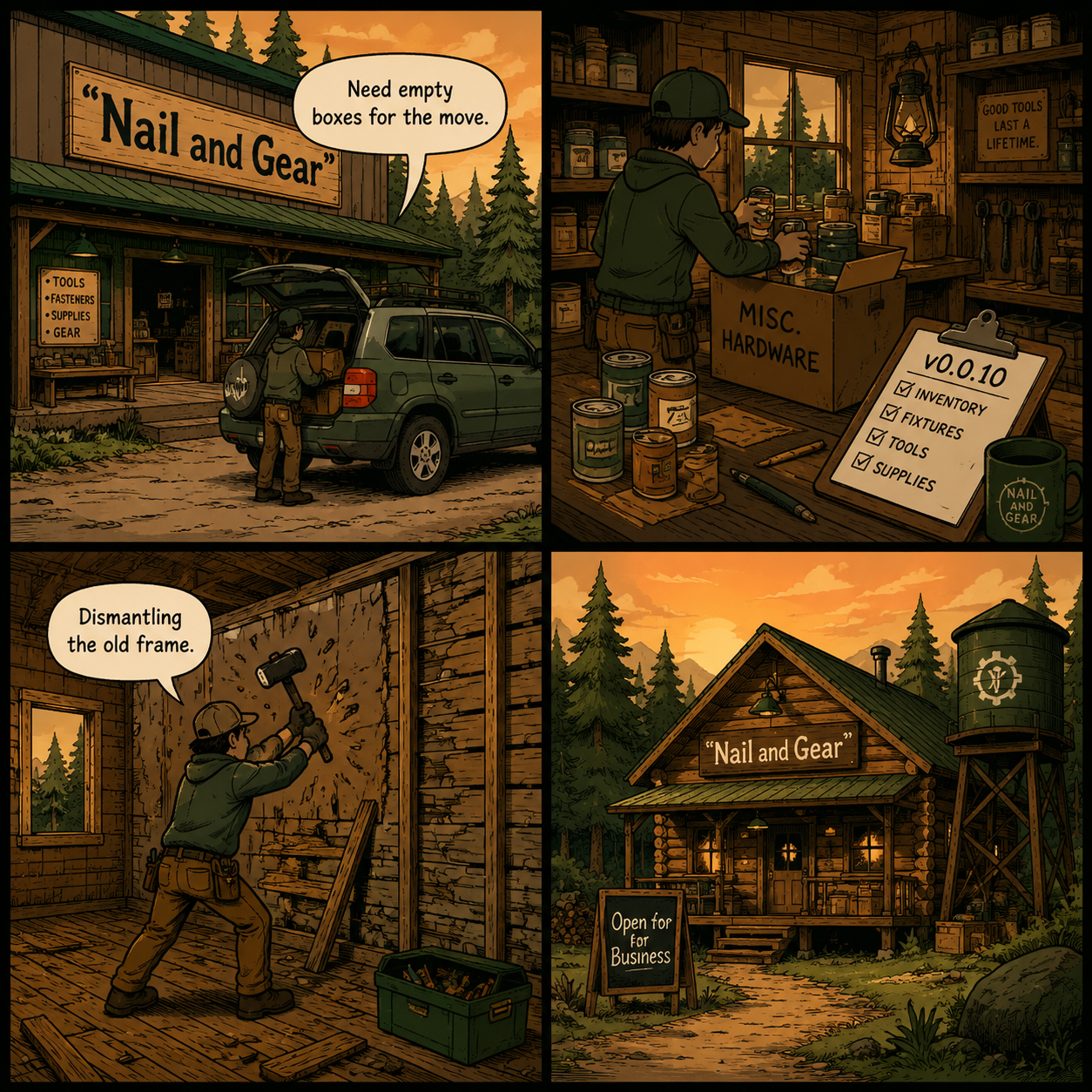 Comic Grid: The four stages of relocating your shop in Campsite Hustle.