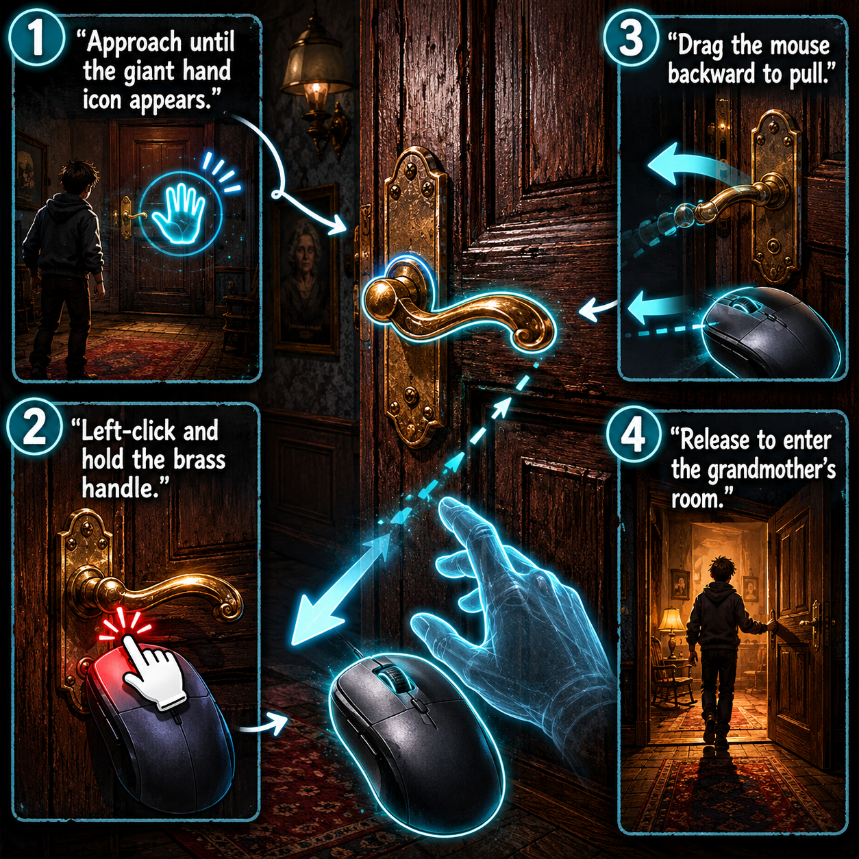 Annotated diagram showing the classic physics drag method to open doors.