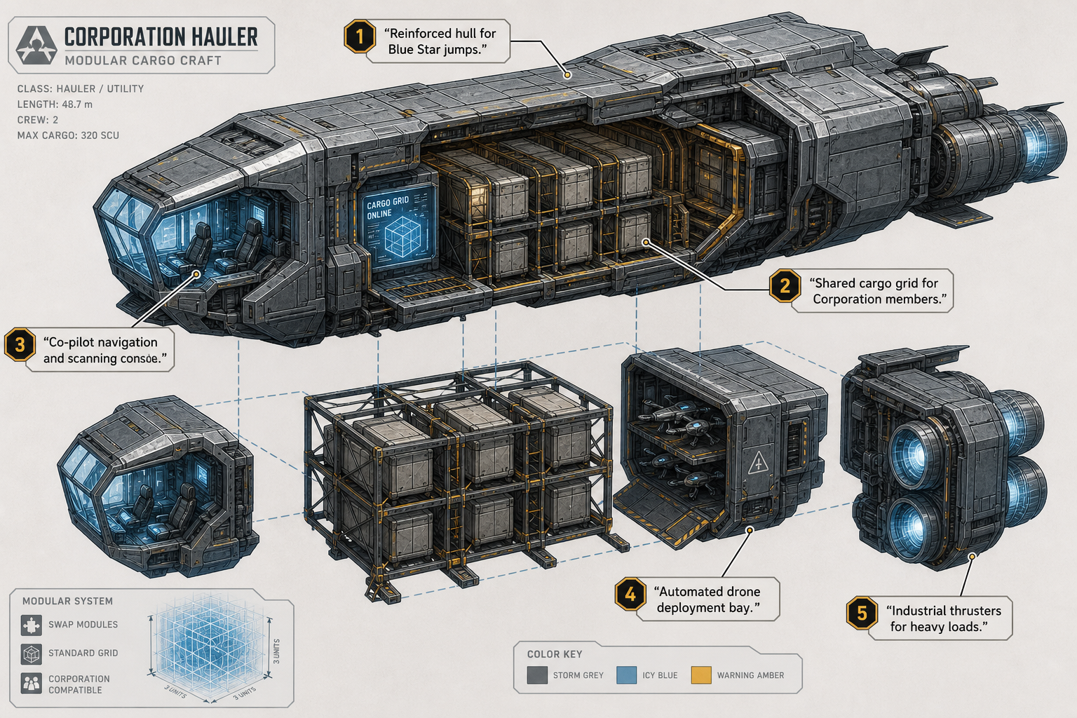 Annotated Diagram: Modular SpaceCraft cargo hauler internal grid