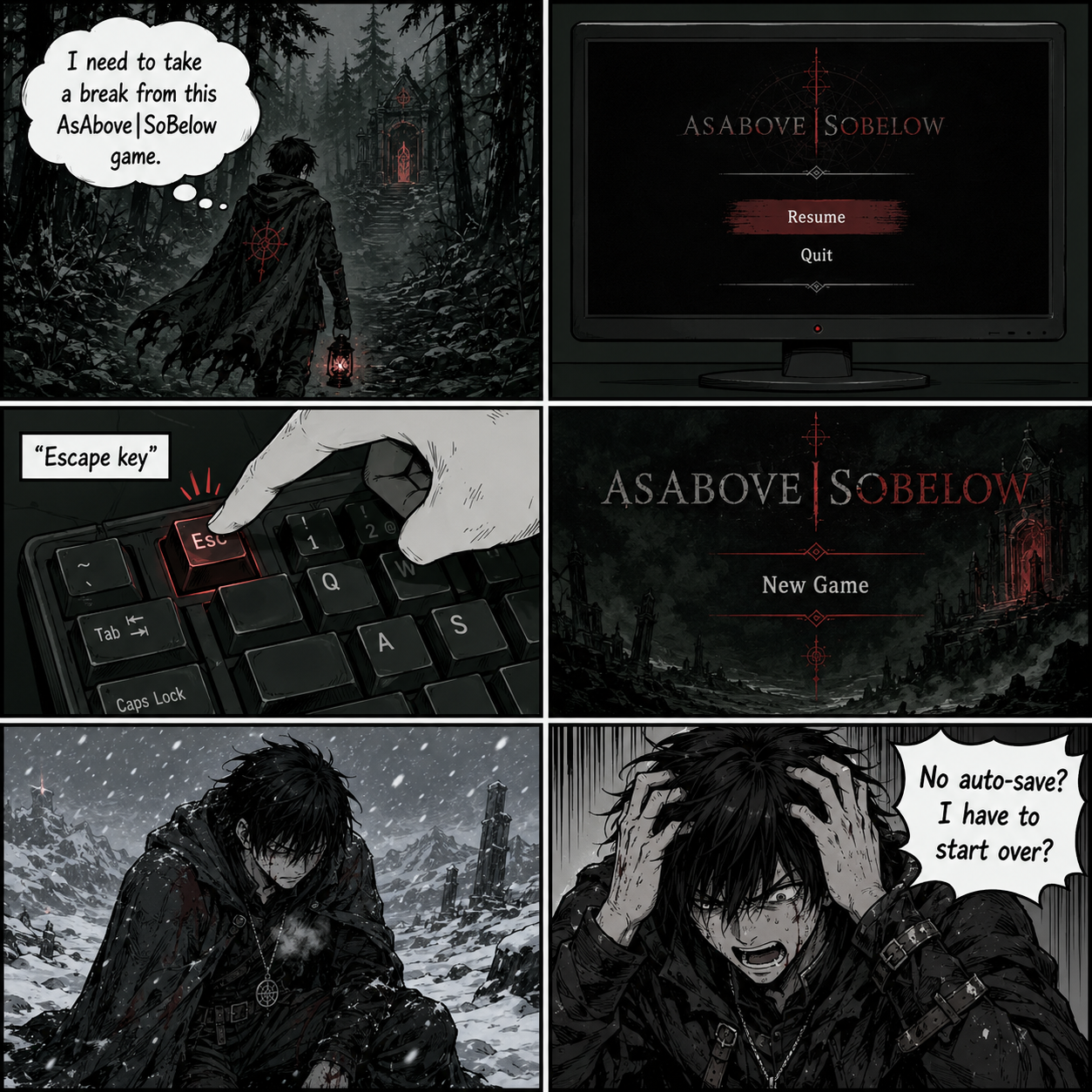 Comic Grid: The frustrating realization of no save feature in the pause menu.