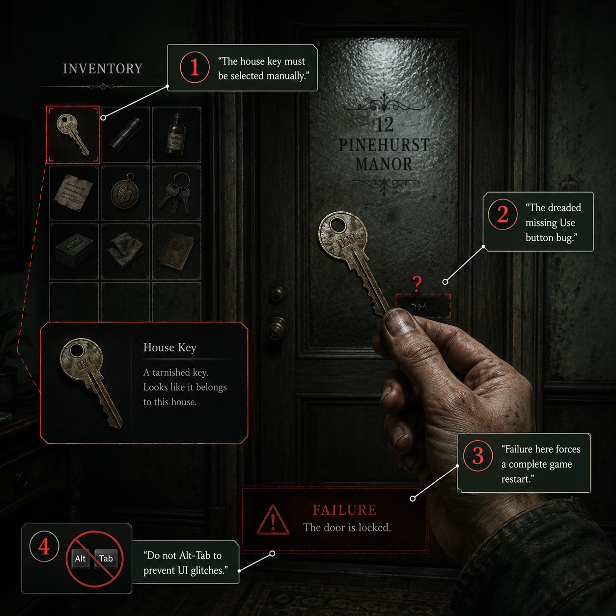 Annotated Diagram: The missing Use button bug on the frosted glass door.