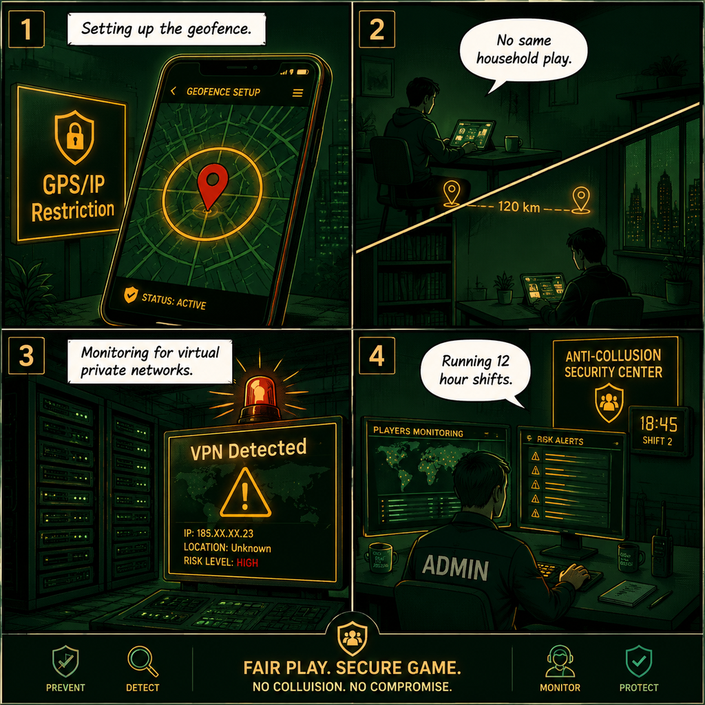 Comic Grid: PPPoker GPS/IP restrictions and VPN monitoring