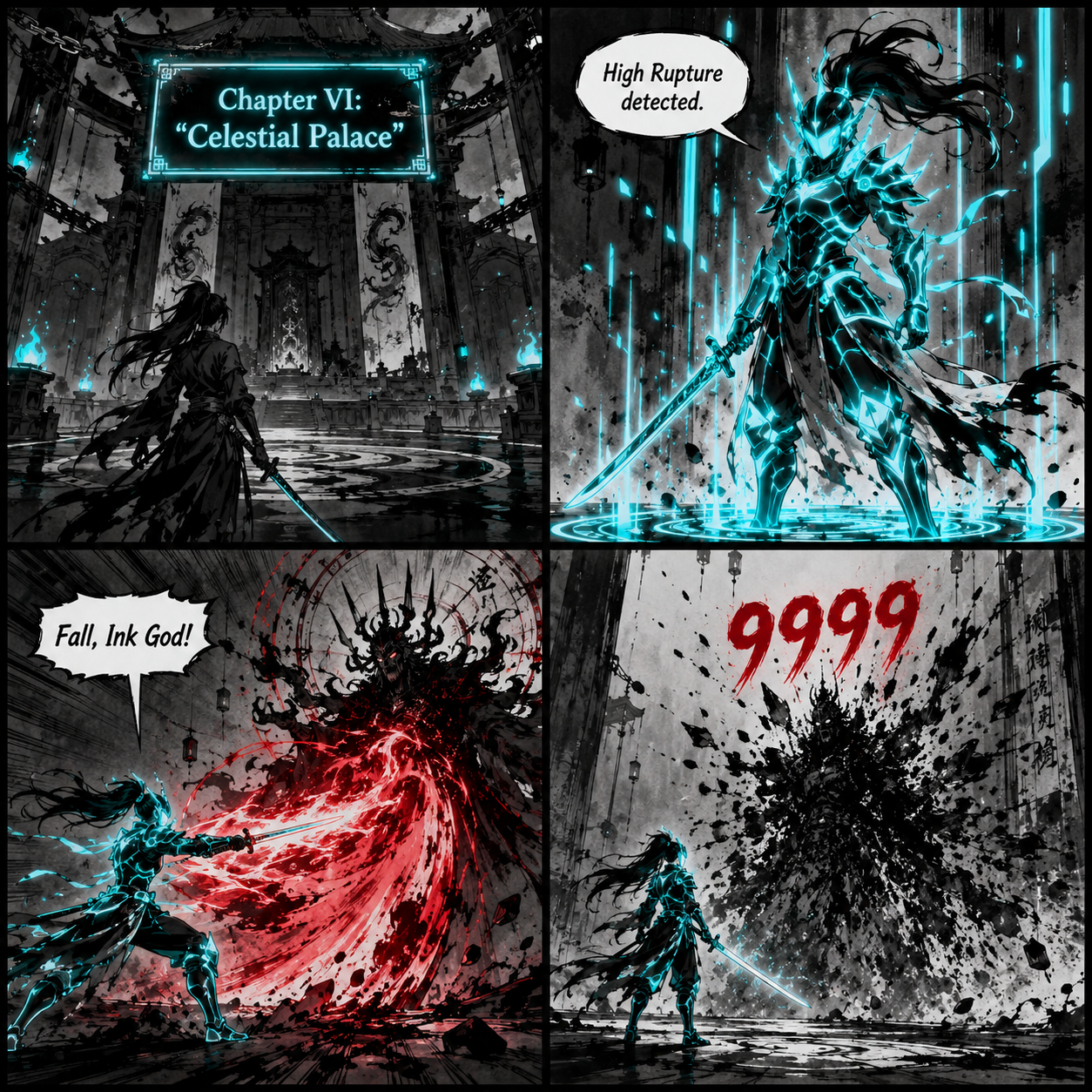 Comic Grid: Oread battling the Ink God in Chapter VI Celestial Palace