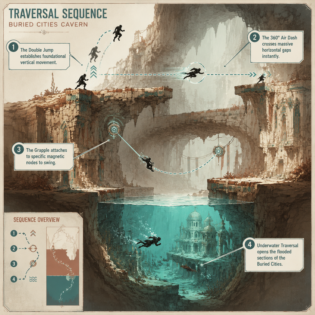 Annotated Diagram: Traversal abilities and movement upgrades in Maseylia.