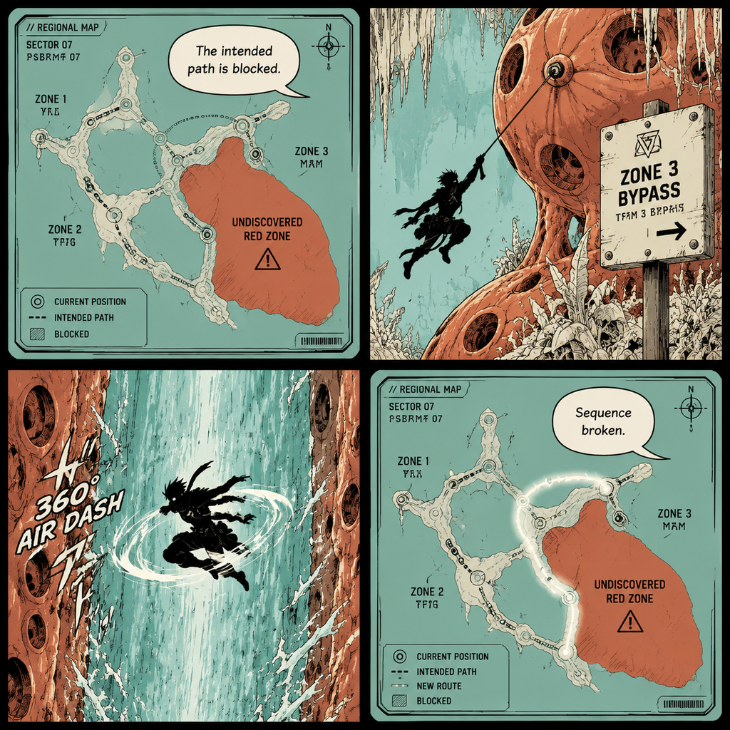 Comic Grid: Sequence breaking the intended path in Maseylia.