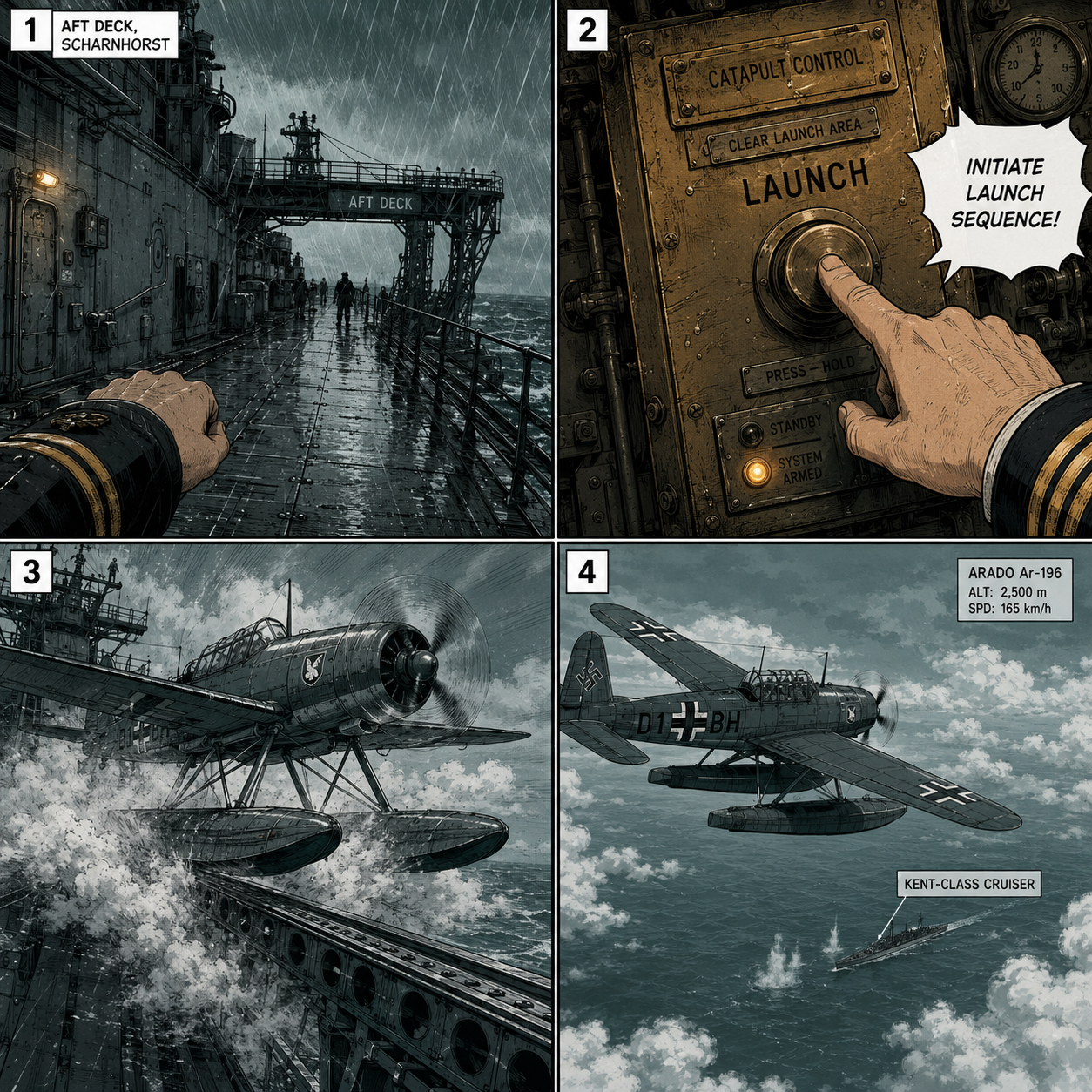Comic Grid: First-person sequence launching the Arado Ar-196 seaplane
