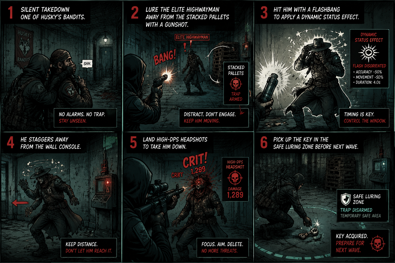Comic Grid: Step-by-step sequence to secure the key from the Elite Highwayman.