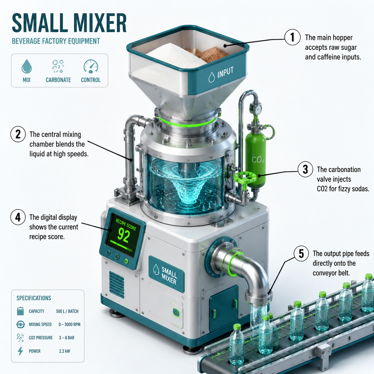 Annotated diagram of the Small Mixer in Drink Factory Simulator