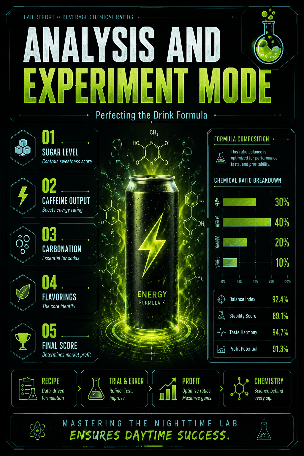 Analysis report poster detailing the chemical ratios for drink recipes